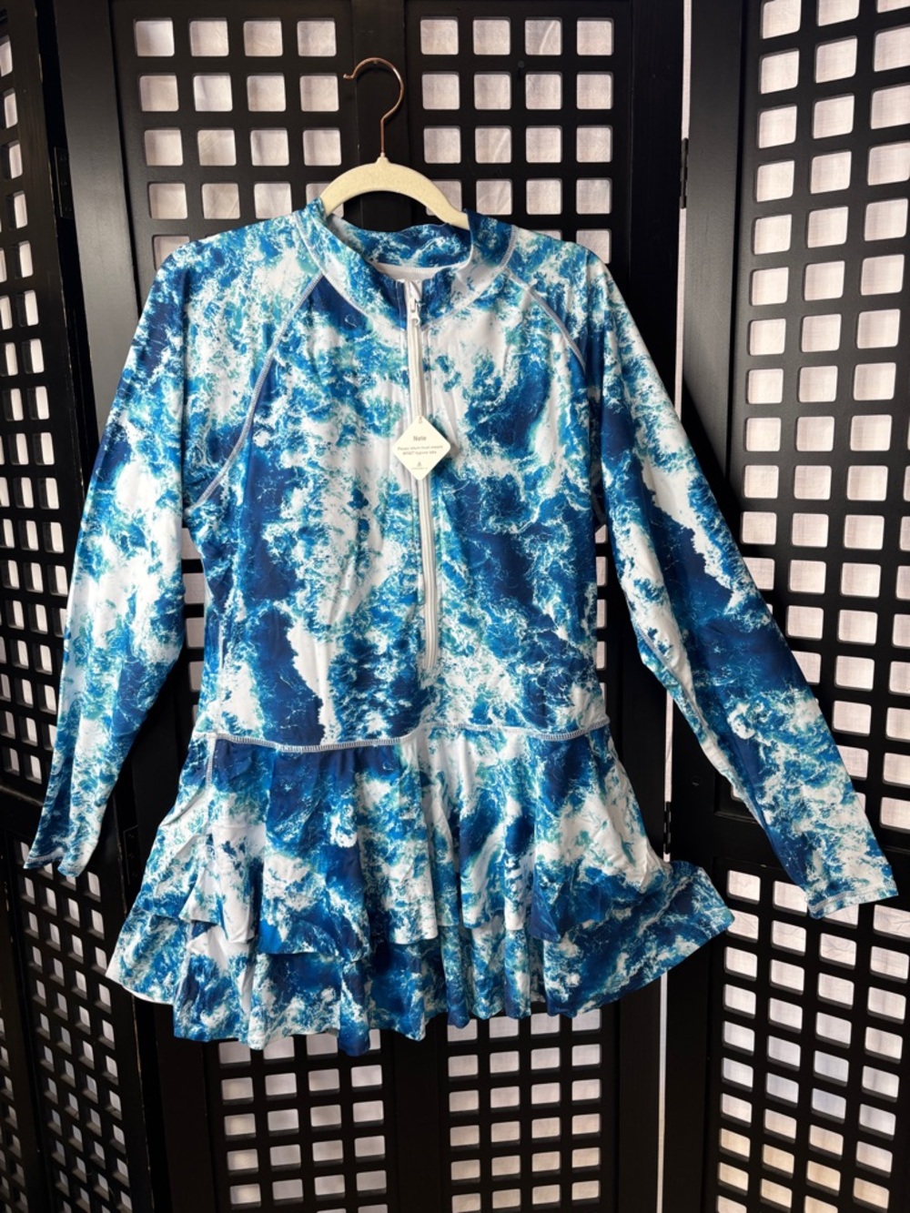 💙 Uniquebella Swim Tunic 3XL Blue White Ocean Wave Zip Long Sleeve 💙 - Picture 1 of 15